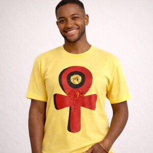 UNISEX small ANKH Eye of Horus Elephant design yellow graphic tee. Casual